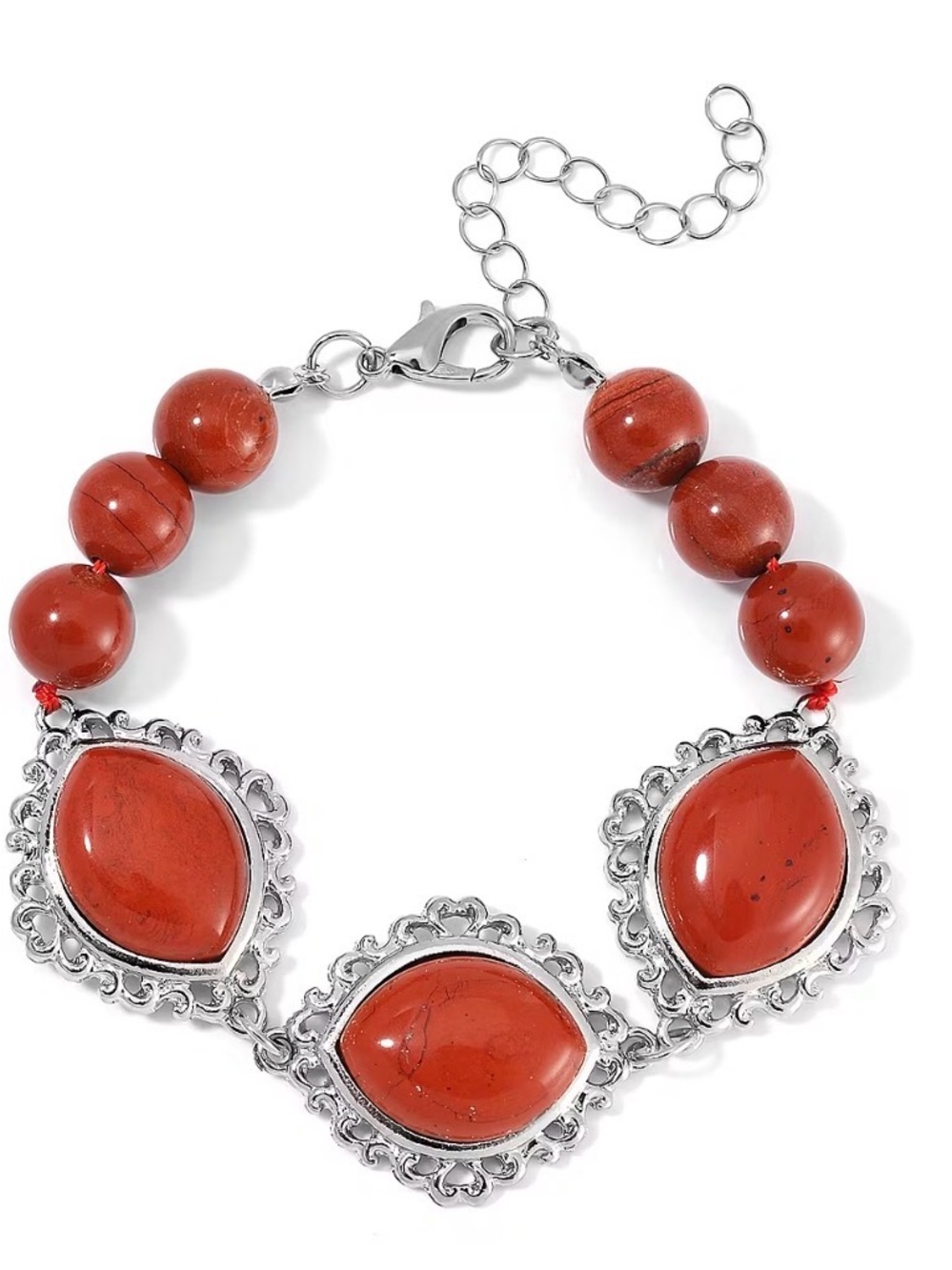 Red Jasper Beaded Stone Filigree Bracelet - Silvertone Sz 8-10